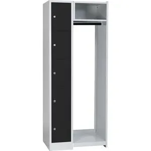 Schließfach-Garderobensystem Dresden, 5 Fächer, 1 Garderobe, B 750 mm, lichtgrau / tiefschwarz Wolf