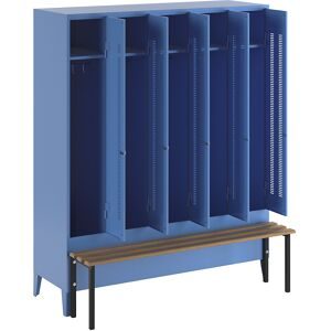 Spind Berlin 1 Sitzbank, 5 Abteile, lichtblau, B 1500 mm, vorgebaut, Buchenholz Wolf
