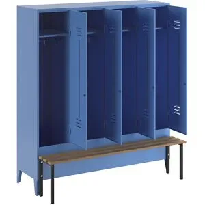 Spind Berlin 2 Sitzbank, 4 Abteile, lichtblau, B 1600 mm, vorgebaut, Buchenholz Wolf