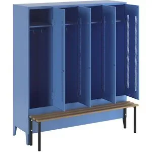 Spind Berlin 1 Sitzbank, 4 Abteile, lichtblau, B 1600 mm, vorgebaut, Buchenholz Wolf