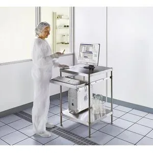 kaiserkraft Reinraum-PC-Arbeitstisch, aus Edelstahl, Ablageboden und Tastaturauszug, HxBxT 870 x 610 x 610 mm
