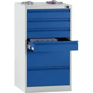 Schubladenschrank, Stahl, HxBxT 900 x 500 x 500 mm, 6 Schubladen, Schubladen enzianblau eurokraft basic