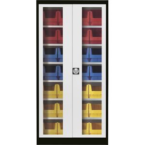 Sichtfenster-Flügeltürenschrank, mit 28 Sichtlagerkästen, graphitschwarz / lichtgrau mauser