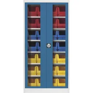 Sichtfenster-Flügeltürenschrank, mit 28 Sichtlagerkästen, lichtgrau / brillantblau mauser