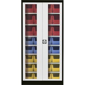Sichtfenster-Flügeltürenschrank, mit 32 Sichtlagerkästen, graphitschwarz / lichtgrau mauser