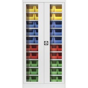 Sichtfenster-Flügeltürenschrank, mit 50 Sichtlagerkästen, lichtgrau mauser