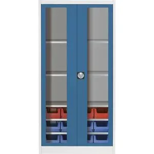 Sichtfenster-Flügeltürenschrank, mit 12 Sichtlagerkästen, lichtgrau / brillantblau mauser