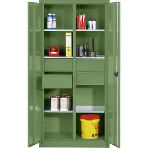 Materialschrank aus Stahlblech, 6 Fachböden, 4 Schubladen, HxBxT 1950 x 1200 x 500 mm, resedagrün C+P