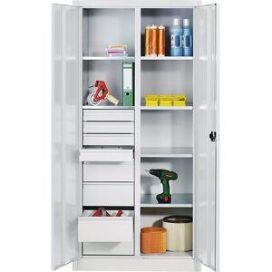 Materialschrank aus Stahlblech, 6 Fachböden, 8 Schubladen, HxBxT 1950 x 1200 x 500 mm, lichtgrau C+P
