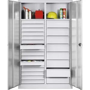 Materialschrank aus Stahlblech, 2 Fachböden, 24 Schubladen, HxBxT 1950 x 1200 x 500 mm, lichtgrau C+P