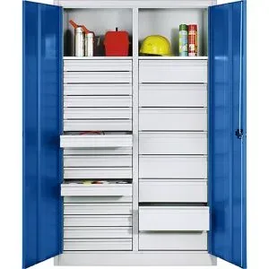 Materialschrank aus Stahlblech, 2 Fachböden, 24 Schubladen, HxBxT 1950 x 1200 x 500 mm, Tür enzianblau, Korpus lichtgrau C+P