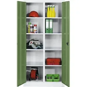 Materialschrank aus Stahlblech, 8 Fachböden, HxBxT 1950 x 930 x 500 mm, Türe resedagrün, Korpus lichtgrau C+P