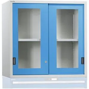 Aufsatzschrank mit Schiebetüren, Türen mit Sichtfenster, HxBxT 1000 x 1023 x 725 mm, lichtblau LISTA