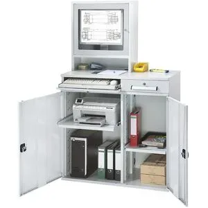 Computer-Arbeitsstation, Stahlblech, HxB 1770 x 1100 mm, mit Monitorgehäuse, Türfarbe Lichtgrau eurokraft pro
