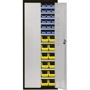 Magazinschrank mit Sichtlagerkästen, HxBxT 1740 x 680 x 280 mm, zweifarbig, Korpus schwarz, Türen grau, 60 Kästen mauser