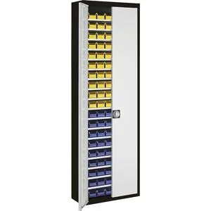 Magazinschrank mit Sichtlagerkästen, HxBxT 2150 x 680 x 280 mm, zweifarbig, Korpus schwarz, Türen grau, 114 Kästen mauser