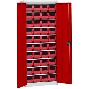 Materialschrank mit Lagerkästen, Höhe 1575 mm, 9 Fachböden, lichtgrau / verkehrsrot eurokraft pro