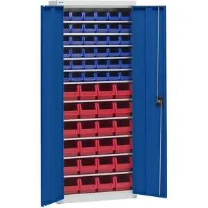 Materialschrank mit Lagerkästen, Höhe 1575 mm, 11 Fachböden, lichtgrau / enzianblau eurokraft pro