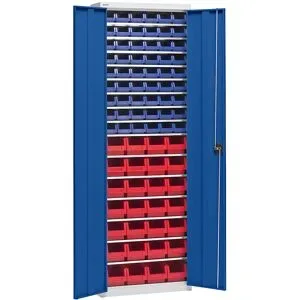 Materialschrank mit Lagerkästen, Höhe 2000 mm, 15 Fachböden, lichtgrau / enzianblau eurokraft pro
