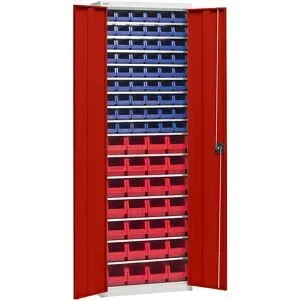 Materialschrank mit Lagerkästen, Höhe 2000 mm, 15 Fachböden, lichtgrau / verkehrsrot eurokraft pro