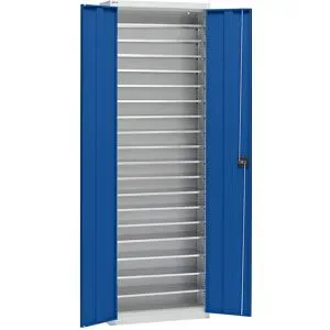 Materialschrank aus Stahlblech, Höhe 2000 mm, lichtgrau RAL 7035 / enzianblau RAL 5010, 18 Böden eurokraft pro