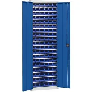 Materialschrank mit Lagerkästen, Höhe 2000 mm, 18 Fachböden, lichtgrau / enzianblau eurokraft pro