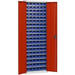 Materialschrank mit Lagerkästen, Höhe 2000 mm, 18 Fachböden, lichtgrau / verkehrsrot eurokraft pro