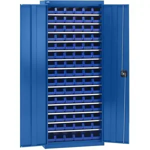 Materialschrank mit Lagerkästen, Höhe 1575 mm, 14 Fachböden, enzianblau eurokraft pro
