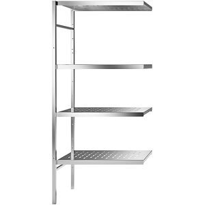 kaiserkraft Edelstahl-Steckregal, 4 gelochte Fachböden, Fachbodenbreite x Tiefe 740 x 540 mm, Eck-Anbauregal