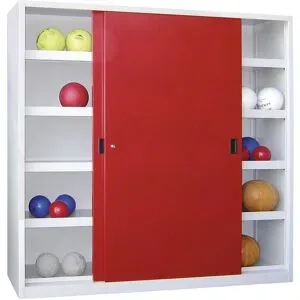 Ball-Schiebetürenschrank, Höhe 1950 mm, mit Vollblech-Türen, Breite 2000 mm, grau / rot Pavoy