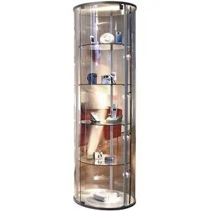 kaiserkraft Präsentations-Vitrine, 1 gewölbte Drehflügeltür, 4 Designer-Rollen, mit LED-Beleuchtung