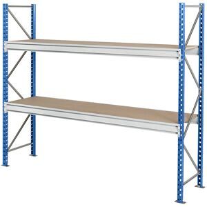 Schwerlast-Großfachregal mit Spanplattenauflagen, Rahmenfarbe blau, HxBxT 1996 x 2860 x 1000 mm, Grundregal Manorga