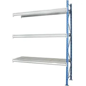 Schwerlast-Großfachregal mit Stahlauflagen, Rahmenfarbe blau, HxBxT 2496 x 2780 x 1000 mm, Anbauregal Manorga