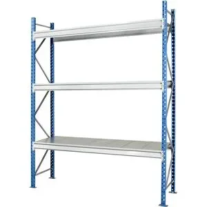 Schwerlast-Großfachregal mit Stahlauflagen, Rahmenfarbe blau, HxBxT 2496 x 2860 x 1000 mm, Grundregal Manorga