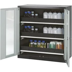 Labor-Chemikalienschrank, 2-türig, halbhoch, 3 Auszüge, mit Sichtfenster, grau asecos
