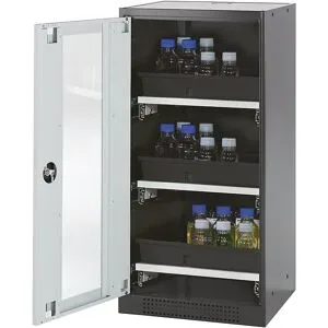 Labor-Chemikalienschrank, 1-türig, halbhoch, 3 Auszüge, mit Sichtfenster, grau asecos