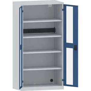 Akku-Ladeschrank, 4 Fachböden, Sichtfenstertüren, Energieleiste rückseitig, grau / blau LISTA