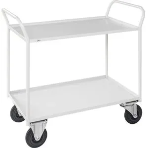 Tischwagen KM41, 2 Etagen mit Aufkantung, LxBxH 1080 x 450 x 1000 mm, weiß, 2 Lenkrollen mit Stopp, 2 Bockrollen Kongamek