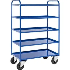 Etagenwagen KM41, 5 Etagen mit Aufkantung, LxBxH 955 x 550 x 1490 mm, blau, 2 Lenkrollen mit Stopp, 2 Bockrollen, ab 5 Stk Kongamek