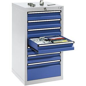 kaiserkraft Schubladenschrank, HxBxT 900 x 500 x 500 mm, 6 Schubladen 100 mm, 1 Schublade 200 mm hoch, Korpus lichtgrau, Schubladen enzianblau