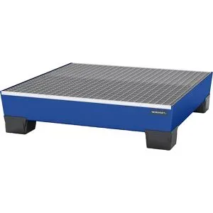 Stahl-Auffangwanne mit Kunststoff-Füßen, LxBxH 1240 x 1210 x 295 mm, blau, mit Gitterrost eurokraft pro