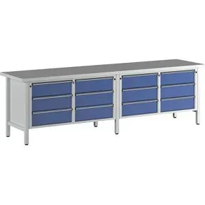 Werkbank Breite 2800 mm, Gestellbauweise, 12 Schubladen, 180 mm mit Teilauszug, Universalplatte ANKE