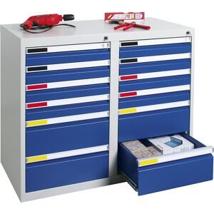 kaiserkraft Schubladenschrank, Breite 1000 mm, 12 Schubladen, lichtgrau / enzianblau