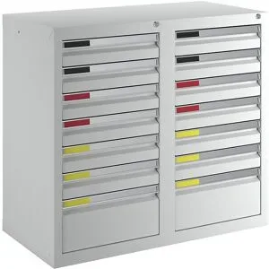 kaiserkraft Schubladenschrank, Breite 1000 mm, 14 Schubladen, lichtgrau