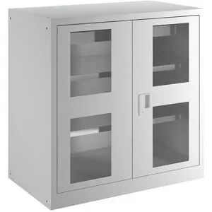 Flügeltürenschrank, 2 Fachböden, Breite 1000 mm, mit Sichtfenster, 1 Schublade, lichtgrau LISTA