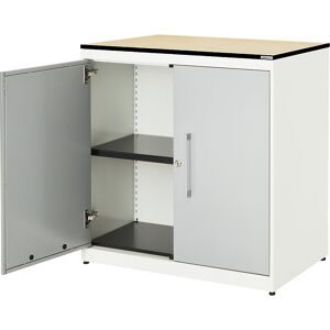 Flügeltürenschrank, HxB 818 x 800 mm, HPL-Vollkernplatte, 1 Fachboden, reinweiß / weißaluminium / Ahorn mauser