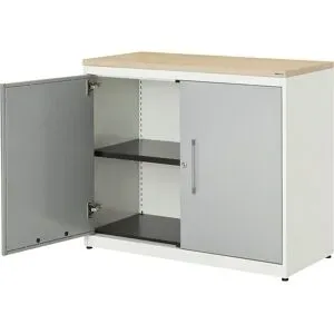 Flügeltürenschrank, HxB 830 x 1000 mm, Kunststoffplatte, 1 Fachboden, reinweiß / weißaluminium / Ahorn mauser