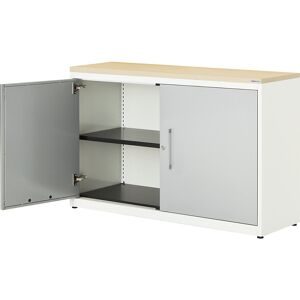 Flügeltürenschrank, HxB 830 x 1200 mm, Kunststoffplatte, 1 Fachboden, reinweiß / weißaluminium / Ahorn mauser