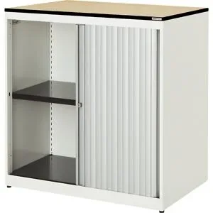 Querrollladenschrank, HxBxT 818 x 800 x 432 mm, Vollkernplatte, 1 Fachboden, reinweiß / alufarben / Ahorn mauser