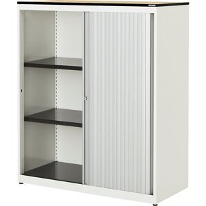 Querrollladenschrank, HxBxT 1168 x 800 x 432 mm, Vollkernplatte, 2 Fachböden, reinweiß / alufarben / Ahorn mauser